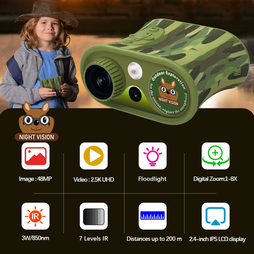 (image for) Kids Teens Night Vision Binoculars with 2.4 inch Display 8X Zoom and 5W Tactical LED Light Best Gifts for your Children-DT15